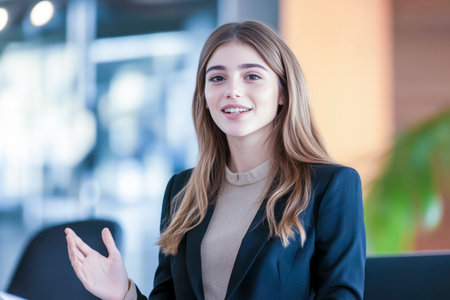 A confident young businesswoman in a blazer and sweater engages in a discussion in a modern office environment, smiling and gesturing expressivelyの素材