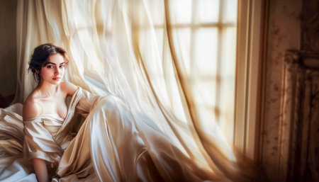 A woman in an elegant silk gown sits by a sunlit window, surrounded by flowing curtains, evoking a dreamy, romantic, and vintage aestheticの素材