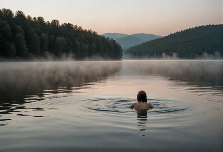 Person swimming alone in a calm misty lake surrounded by forested hills at sunrise, creating a peaceful and reflective atmosphereの素材
