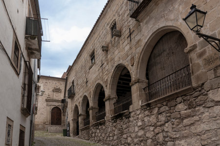 Low-angle view of the palace of the chaves with its arcades and cobblestone street in trujillo, spainの写真素材