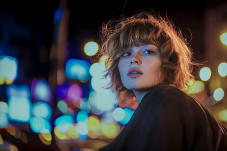 Stylish woman with short, wavy hair posing against a backdrop of colorful city lights at nightの素材
