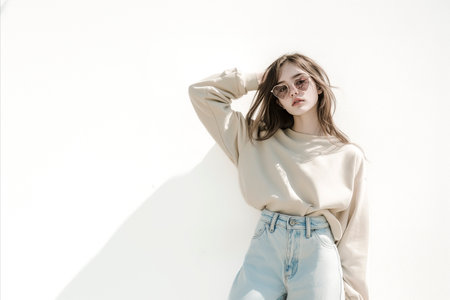 Young woman wearing sunglasses, sweatshirt and jeans, posing with her hand on her head against a white wall, minimalist fashionの素材