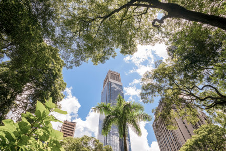 A tall building is seen from above with a palm tree in the foreground. The sky is clear and blue, and the trees are lush and green. Concept of tranquility and natural beautyの素材
