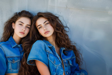 Two young women with long brown curly hair and denim jackets lean against a gray wallの素材