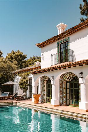 A large white house with a pool and a balcony. The house is surrounded by trees and has a Spanish styleの素材
