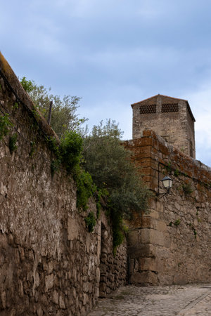 Cobblestone street winds through a historic town, passing by weathered stone walls and leading towards a charming ancient tower under a cloudy skyの写真素材