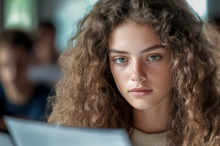 Curly haired student reading notes with serious expression during a lesson in a classroomの素材