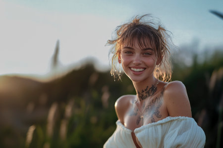Portrait of a smiling influencer posing with tattoos at golden hourの素材
