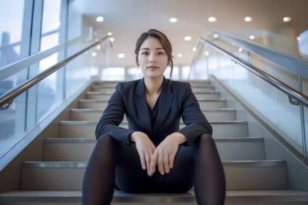 Portrait of a confident businesswoman taking a break on the stairs in a corporate environmentの素材