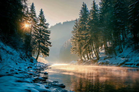 Scenic landscape of snowy riverbanks and pine forest at sunrise, creating a tranquil winter sceneの素材