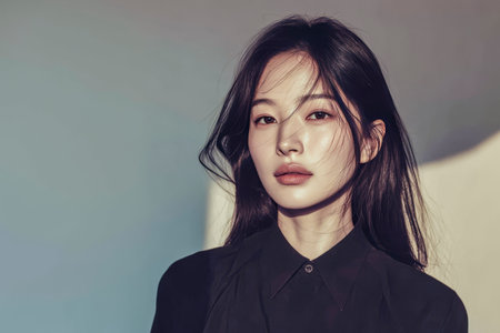 Stylish young woman with long dark hair posing in fashionable black shirt, showcasing modern elegance and confidenceの素材