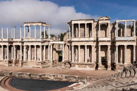 The roman theatre of mÃ©rida with its scaenae frons, stage and seating area, is an ancient roman...