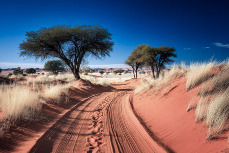 Winding dirt road cuts through red sand dunes and dry grass, leading towards a picturesque valley under a clear blue skyの素材