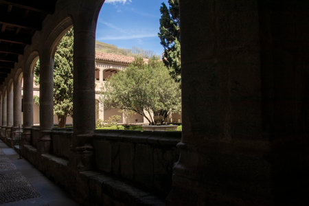 Sunlight illuminates a serene courtyard garden viewed through the arches of a stone cloister, creating a peaceful atmosphereの写真素材