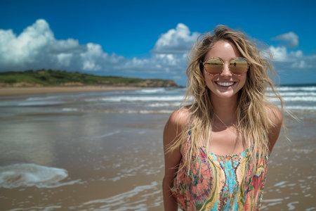 Tourist enjoying summer vacation smiling on a sunny beachの素材