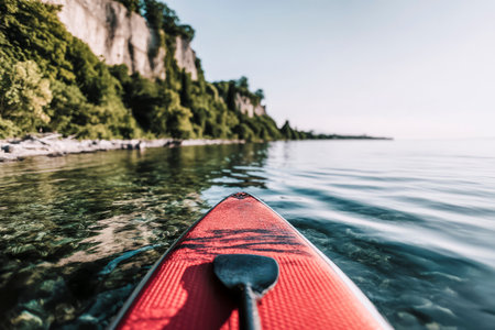 Red paddle board navigating calm waters, offering a serene view of cliffs and clear waterの素材