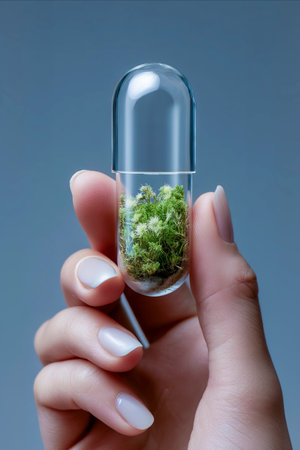 Hand holding a transparent pill containing green moss, suggesting research in innovative pharmaceutical and medical solutionsの素材