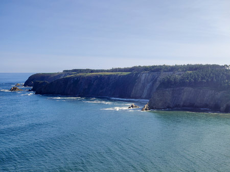 Stunning cliffs meet a vast blue ocean, creating a dramatic and scenic landscapeの写真素材