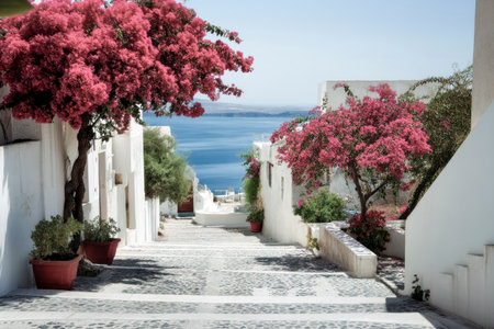 Pink bougainvillea adorns a charming whitewashed street leading to the aegean sea in santorini, greeceの素材