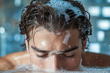 Young man relaxing in bath washing hair and face with soap and eyes closedの素材