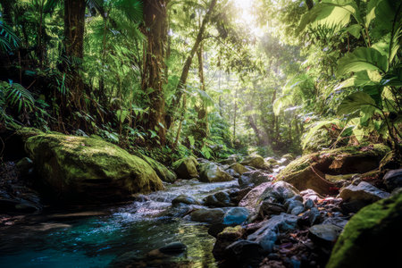 Sunbeams shining through canopy of trees in tropical rainforest illuminating a pristine streamの素材