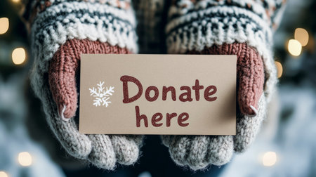 Woman wearing winter gloves showing a donation sign with a snowflake, christmas lights in the backgroundの素材