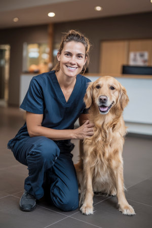 Veterinarian smiling and petting a golden retriever dog inside a veterinary clinicの素材