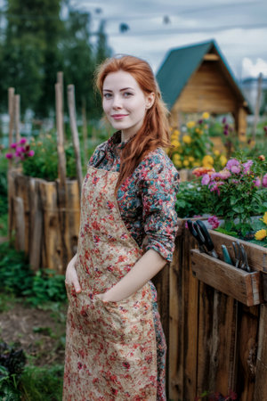 Young redhead woman gardener smiling in garden, wearing floral apron, hands in pocketsの素材