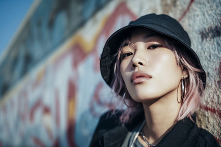 Stylish young woman with pink hair and a bucket hat poses confidently against a graffiti-covered wall, showcasing her urban street styleの素材