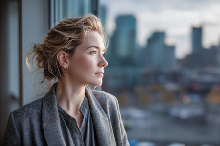 Thoughtful businesswoman looking out office window at city skylineの素材