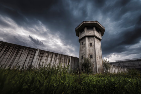 Concrete watchtower standing tall against a dramatic, stormy sky, symbolizing confinement and surveillance within prison wallsの素材