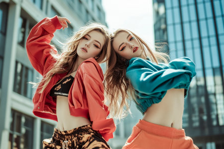 Two stylish dancers are posing together in an urban setting, wearing colorful outfits and showcasing their talentの素材
