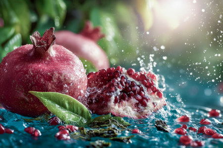 Fresh, juicy pomegranates making a splash in water, surrounded by green leaves and bathed in sunlight, creating a refreshing and vibrant sceneの素材