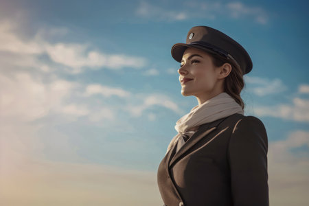 Confident female pilot in uniform smiling and looking up at sky, dreaming of flyingの素材