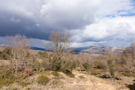 Cloudy sky casting shadows over a tranquil mountain sceneの写真素材