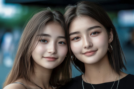 Two beautiful young asian women are posing together, smiling slightly, showcasing their natural beauty and youthful charmの素材
