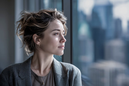 Thoughtful businesswoman looking out office window at city view, contemplating future business visionの素材