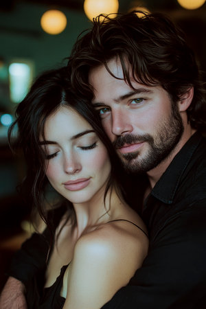 Romantic couple embracing, eyes closed, enjoying a tender and intimate moment togetherの素材