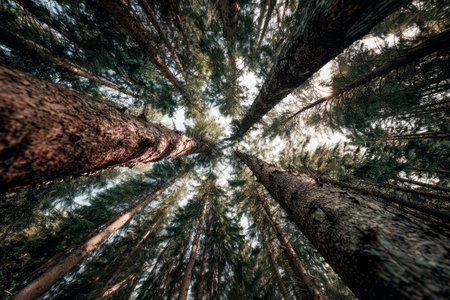 Looking up at towering pine trees in a dense forest, creating a sense of awe and wonderの素材