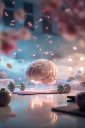 Brain exercising on yoga mat, promoting mental wellness and health, surrounded by falling petalsの素材