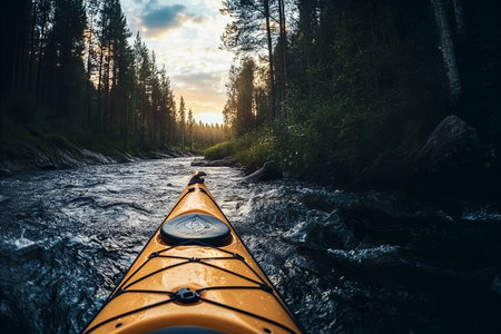 Yellow kayak navigating a wild river at sunset, surrounded by a tranquil forest landscapeの素材