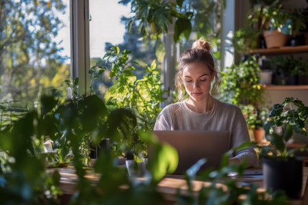Focused businesswoman working remotely using laptop in home office surrounded by many houseplantsの素材