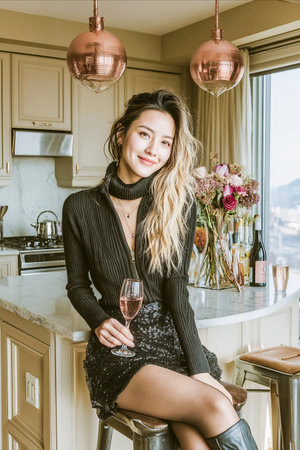 Asian influencer posing with a glass of rose wine in a modern kitchenの素材
