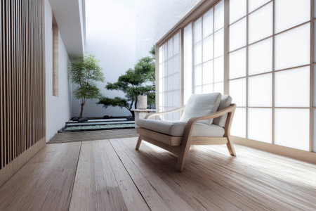 Serene interior design featuring wooden armchair, shoji screens, and a peaceful japanese courtyard gardenの素材