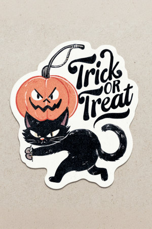 Black cat with pumpkin head and trick or treat textの素材