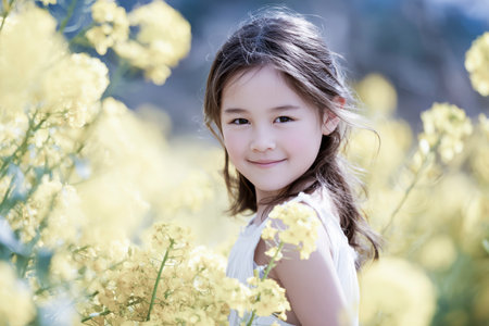 Portrait of a smiling young girl posing in a field of yellow flowersの素材