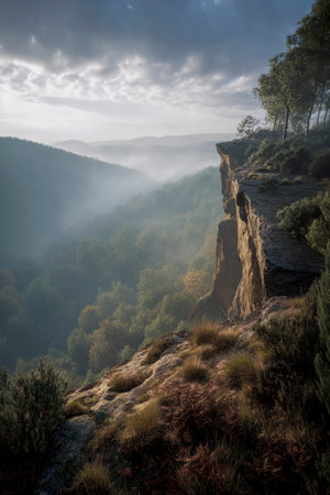 Morning sunlight illuminating a misty valley from a rocky cliffの素材