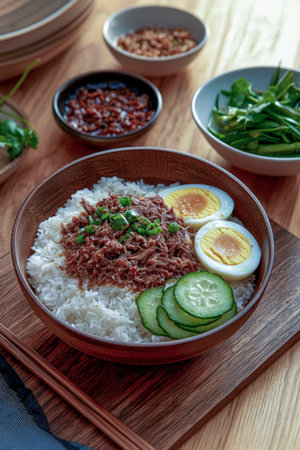Braised beef served over rice with boiled eggs, cucumber, and green onions, representing a healthy and flavorful mealの素材