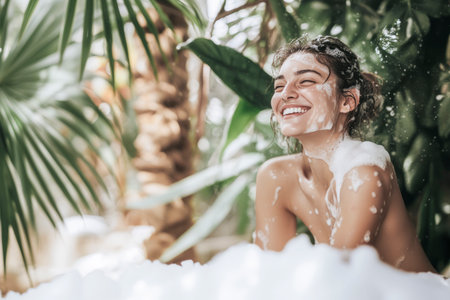 Smiling woman enjoys a luxurious bubble bath in a tropical spa, surrounded by lush foliage, creating a serene and refreshing atmosphereの素材