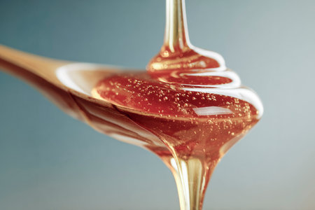 Honey pouring and dripping from wooden spoon, creating a swirling pattern with bubbles, against a light blue backgroundの素材